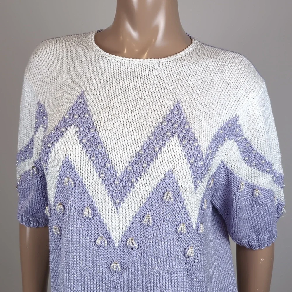 Vintage 90s Magnolia Sweater Pearl Beaded Chevron Tunic Knit Pullover Keyhole